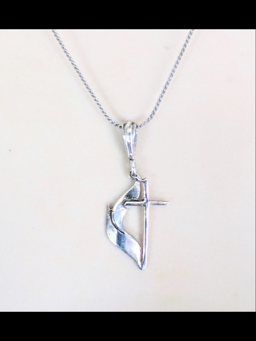 Vintage Sterling Silver UNITED METHODIST Cross Flame Pendant Chain Necklace 17"